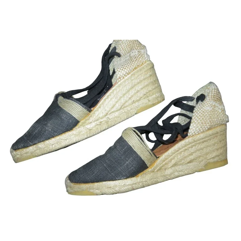 André Assous Boston Proper Fresco Black Linen Espadrille Wedges with Ankle Strap